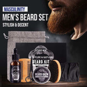 Beard Growth Kit with natural oils, beard balm, comb, and brush for thicker, fuller men's beard enhancement and grooming