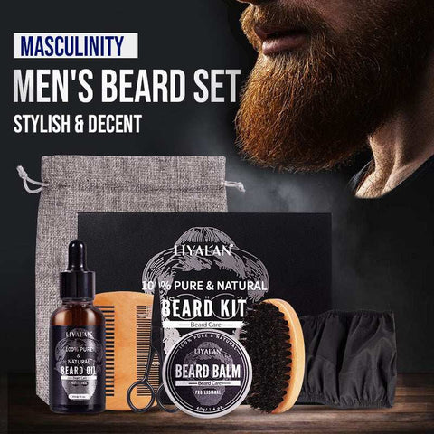 Beard Growth Kit with natural oils, beard balm, comb, and brush for thicker, fuller men's beard enhancement and grooming