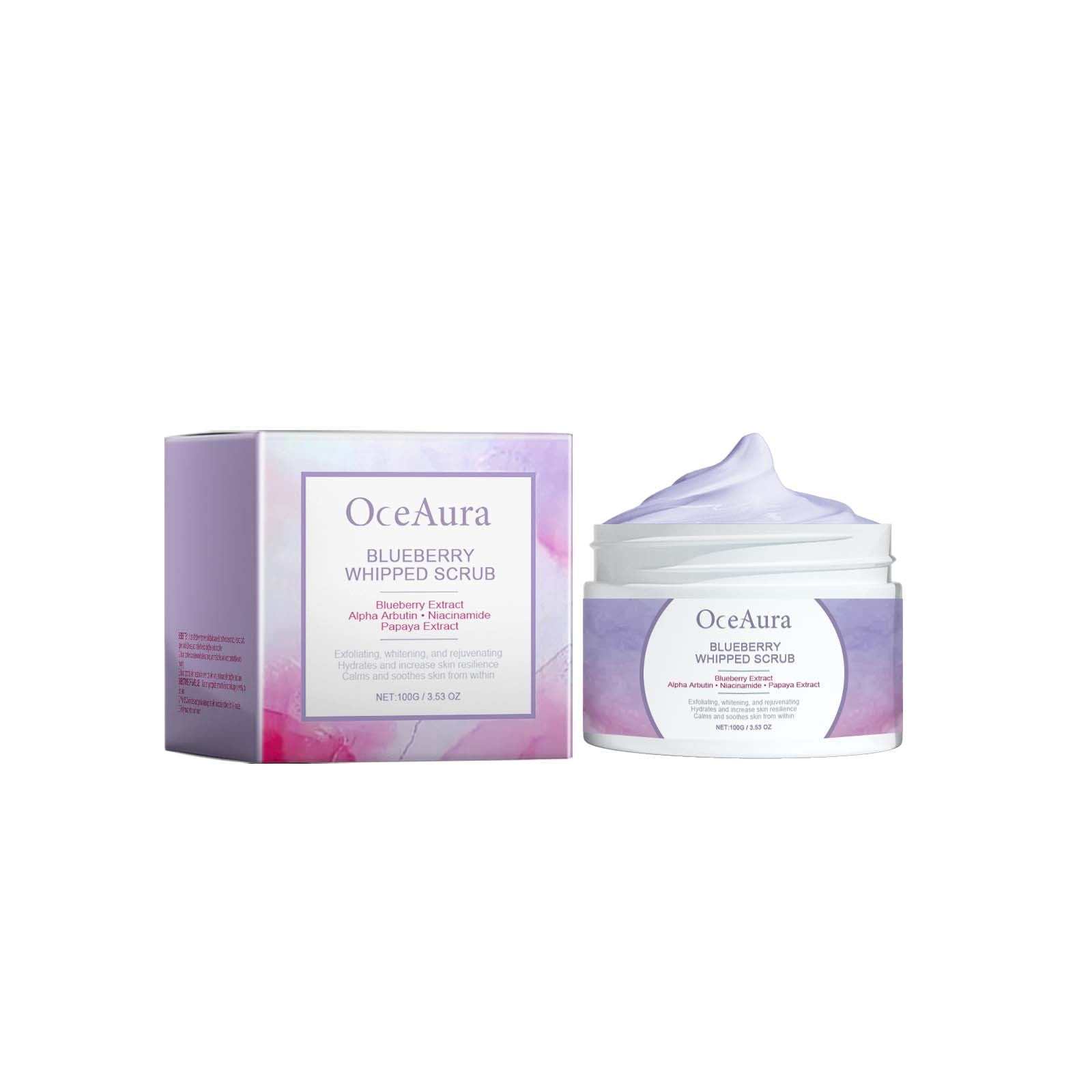 OceAura Blueberry Whipped Scrub jar and box for exfoliating and brightening skin with blueberry extract