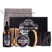 Beard Growth Kit for men with beard oil, balm, wooden comb, brush, scissors, and grooming pouch for thicker, natural beard enhancement
