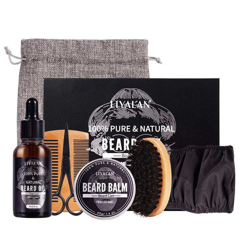 Beard Growth Kit for men with beard oil, balm, wooden comb, brush, scissors, and grooming pouch for thicker, natural beard enhancement