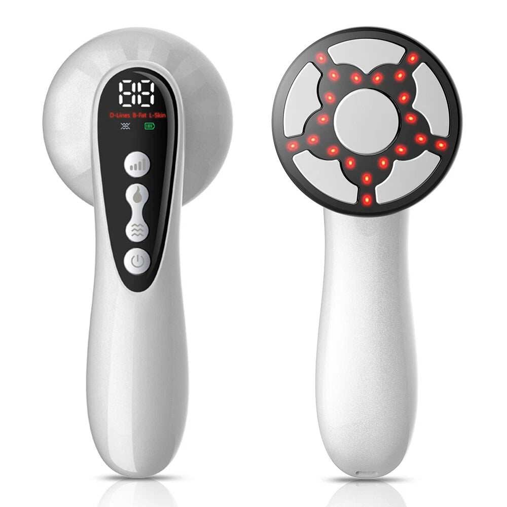 Upgrade 5-In-1 Body Sculptor handheld massager with digital display and red LED lights for body sculpting, cellulite reduction, and skin tightening.