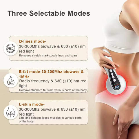 Upgrade 5-In-1 Body Sculptor massager shown on abdomen with red light, highlighting three selectable modes for stretch marks, fat removal, and skin tightening.