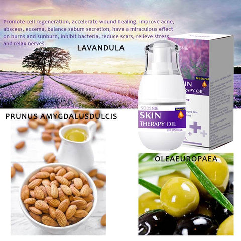 Skin Treatment Oil bottle with lavender field, almonds, and olives showing natural ingredients for skin repair and hydration