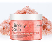 Jar of Himalayan Salt Body Scrub cream with pink salt crystals background for exfoliating and skin rejuvenation