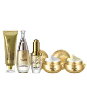Gold packaging Skin Care 5-piece Set with cleanser, toner, serum, day cream, and night cream for moisturizing and brightening