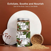 Jar and box of ENVISHA Arabica Coffee Body Scrub cream with spilled scrub on brown background