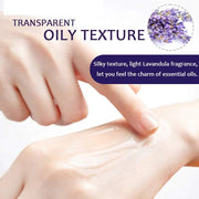 Skin Treatment Oil with transparent oily texture and lavender fragrance applied on hand for body care and skin repair