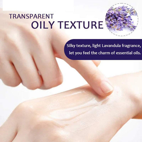 Skin Treatment Oil with transparent oily texture and lavender fragrance applied on hand for body care and skin repair