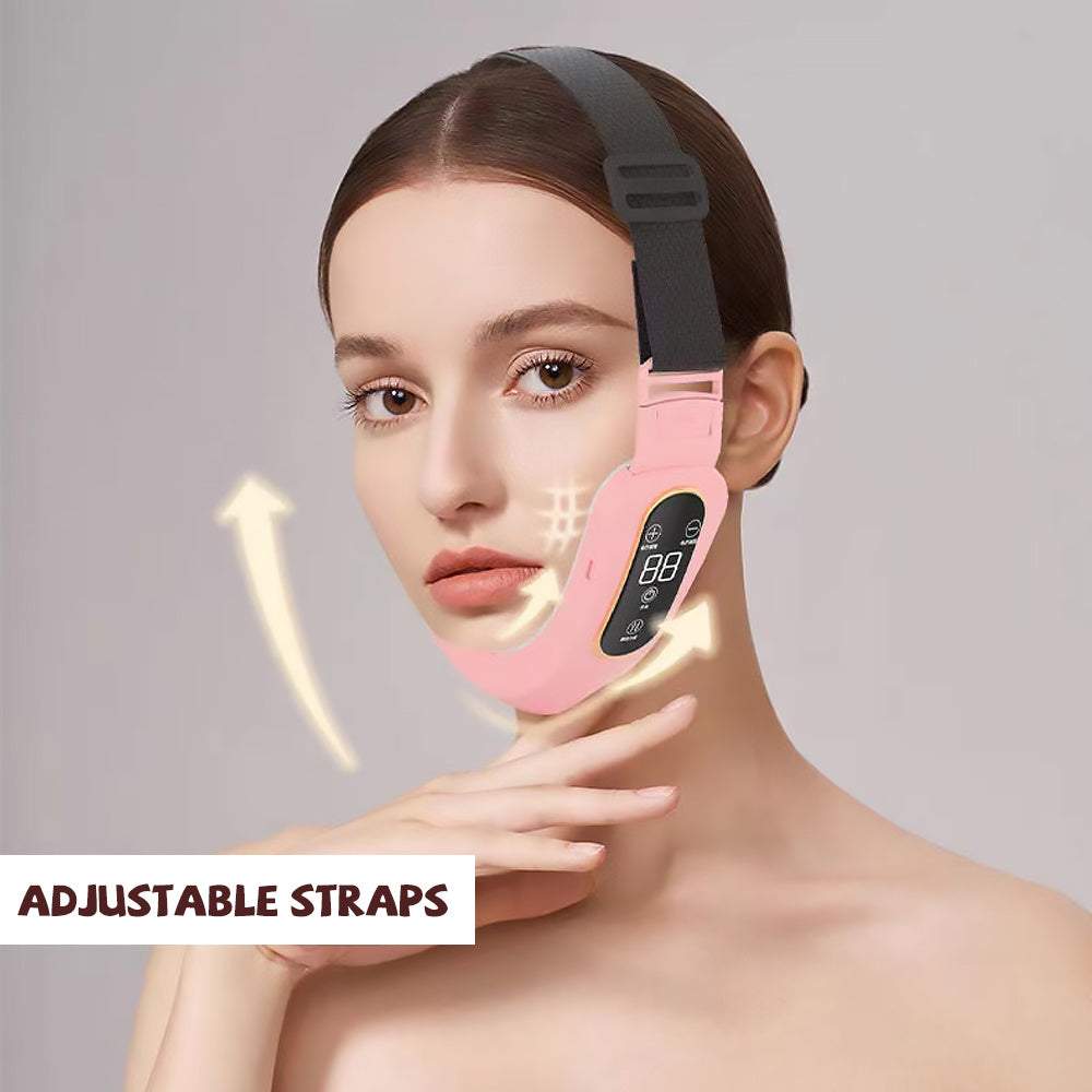 Woman using pink microcurrent face massager with adjustable straps for facial slimming and wrinkle reduction