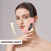 Woman using pink microcurrent face massager with adjustable straps for facial slimming and wrinkle reduction