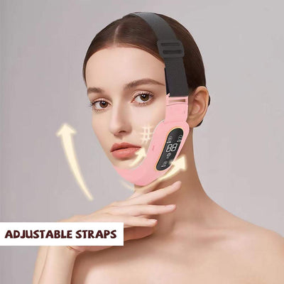 Woman using pink microcurrent face massager with adjustable straps for facial slimming and wrinkle reduction