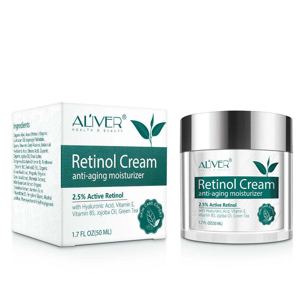 Aliver Retinol Cream anti-aging moisturizer with 2.5% active retinol, hyaluronic acid, vitamins, and jojoba oil for smoother, firmer skin