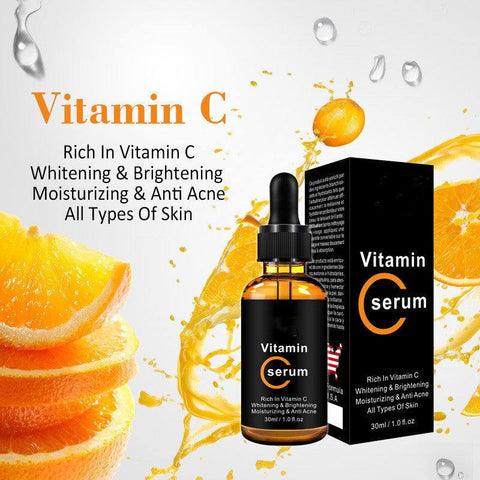 Vitamin C Stock Solution serum bottle and box with orange slices, moisturizing and brightening facial treatment for all skin types