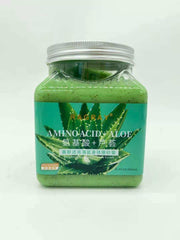 Aloe Vera Skin Beautifying Moisturizing Rejuvenating Sea Salt Body Scrub in a green jar with aloe vera design