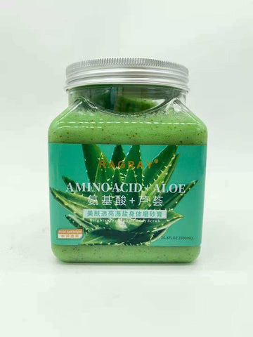 Aloe Vera Skin Beautifying Moisturizing Rejuvenating Sea Salt Body Scrub in a green jar with aloe vera design