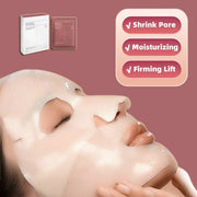 Woman wearing hydrating moisturizing face mask for pore shrinking and skin firming care