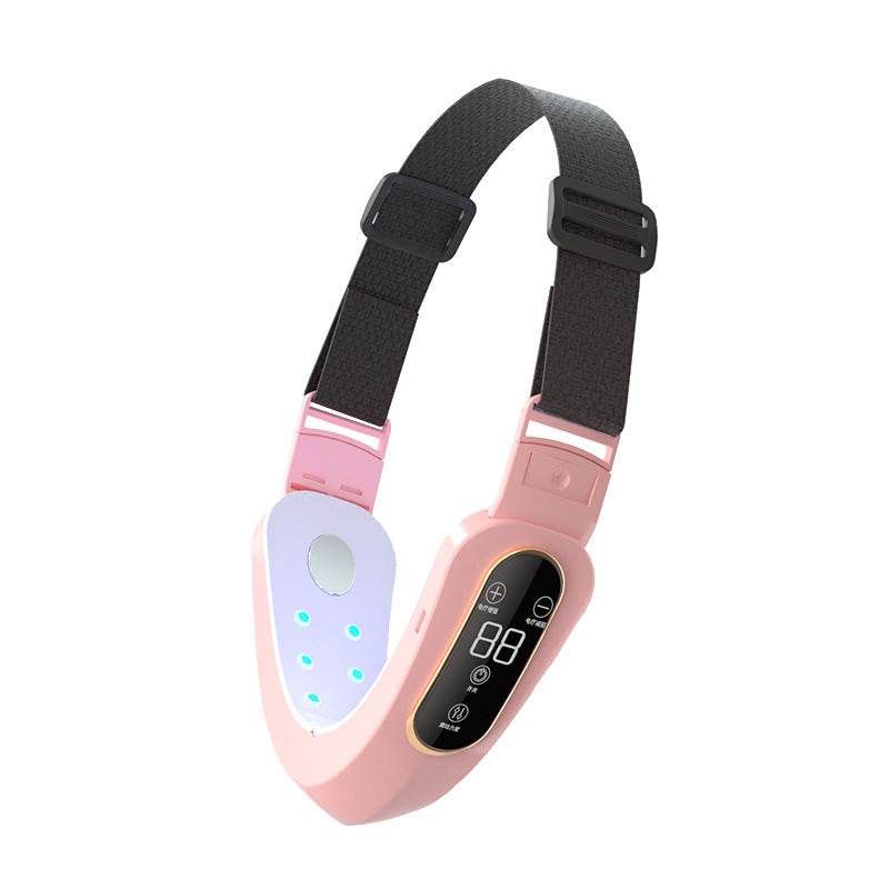 Pink microcurrent face massager with LED display and adjustable strap for facial slimming and wrinkle reduction